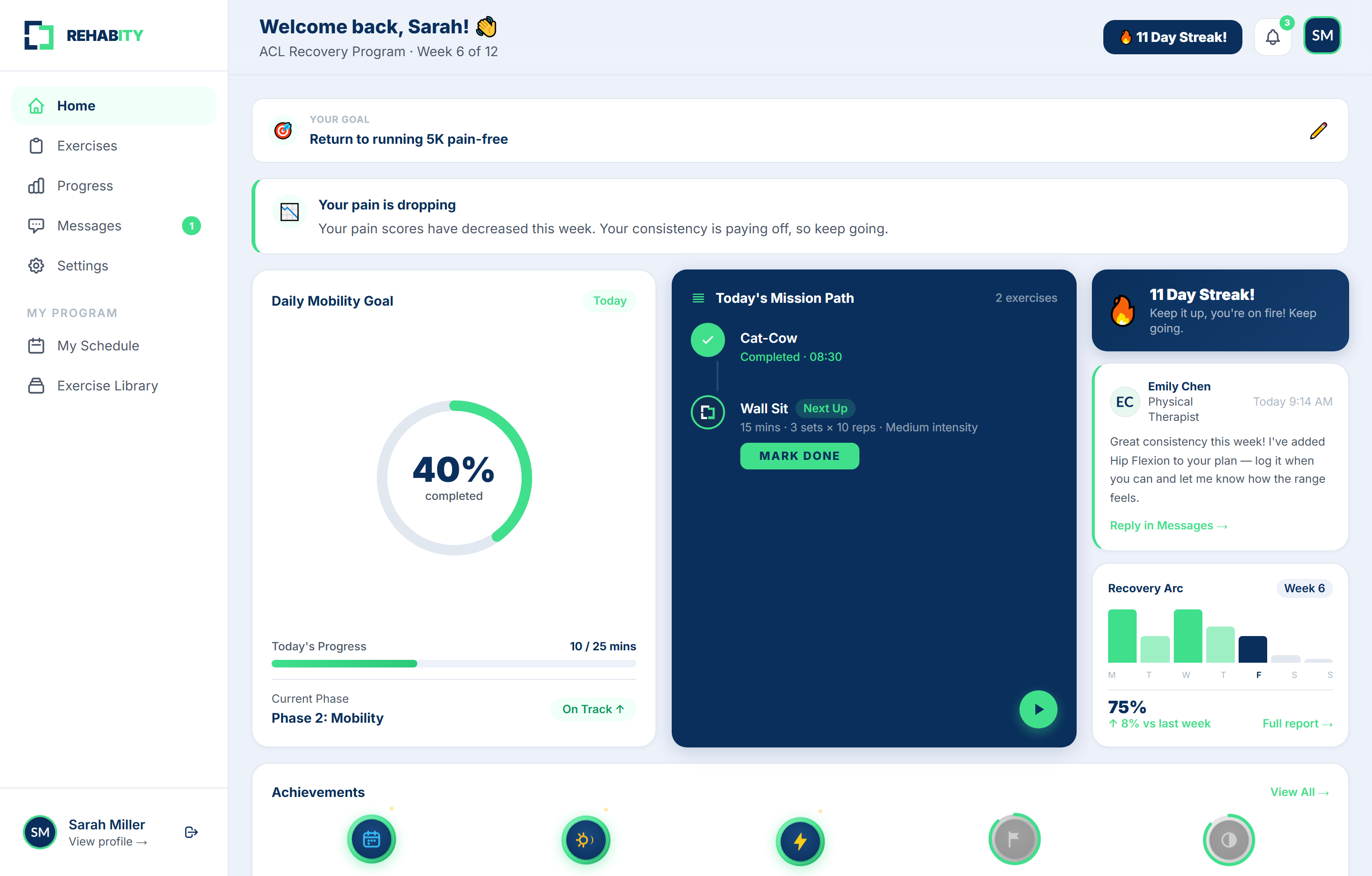 Rehabity patient home: daily goal ring, mission path, streak, and Recovery Arc