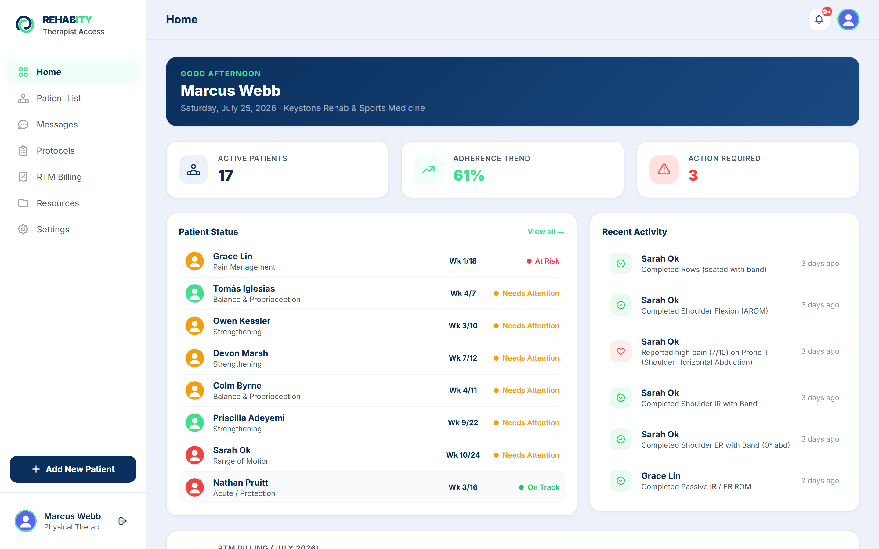 Therapist home: patient status, adherence, and RTM billing at a glance