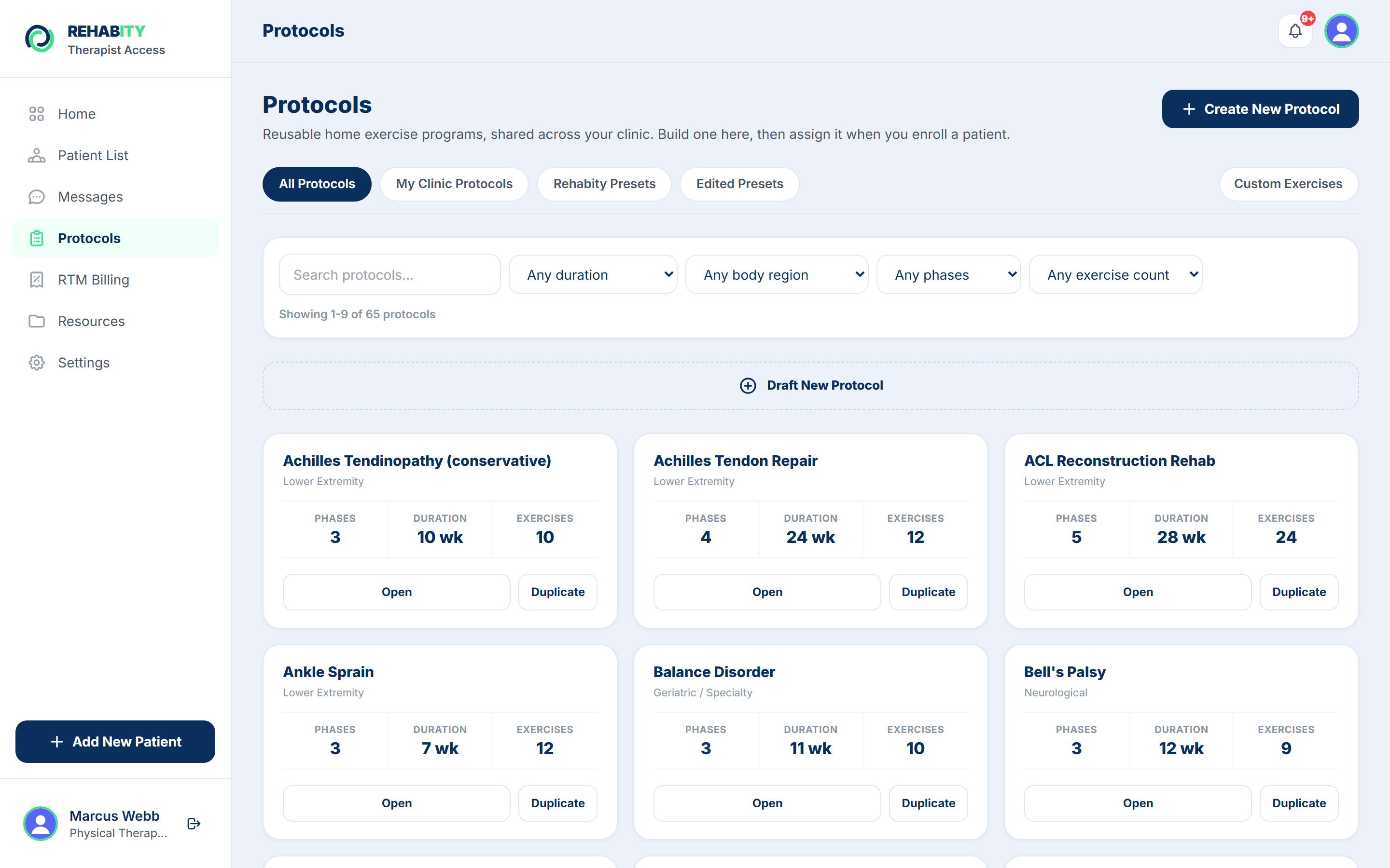 Protocol library with 65 clinical presets and a custom program builder