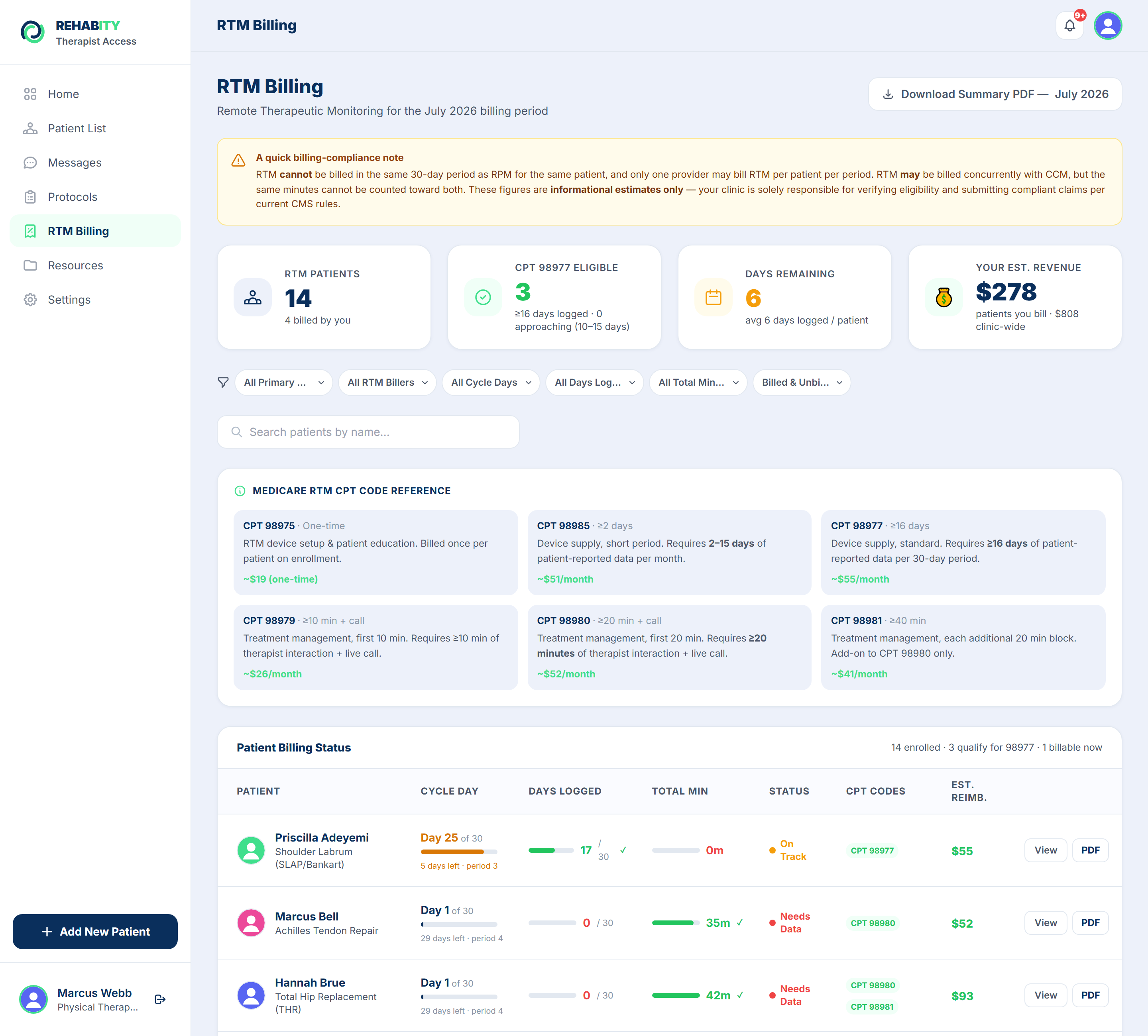 RTM billing dashboard with CPT code tracking